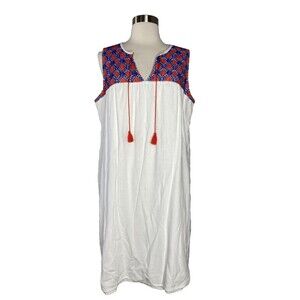 Old Navy Dress Women Size Large‎ White Red Blue Patriotic Linen Blend Sleeveless